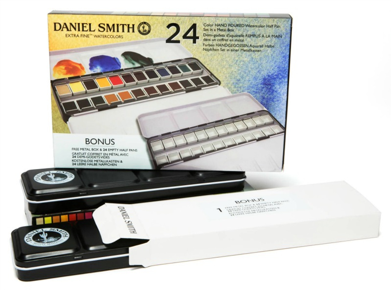 Набор акварели Daniel Smith 24 Color Half Pan Set in a METAL BOX with BONUS Metal Box and 24 Empty - фото 1 - id-p220751015