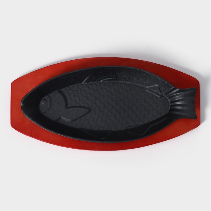 Сковорода чугунная на деревянной подставке «Рыбка», 30×13×3 см, цвет чёрный - фото 2 - id-p220755927