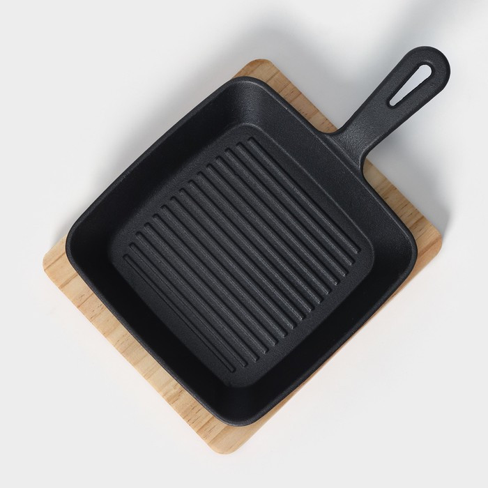 Сковорода чугунная «Квадрат. Гриль», 19×3 см, на деревянной подставке - фото 2 - id-p220756254