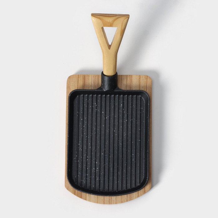 Сковорода чугунная на деревянной подставке «Лопата. Гриль», 23×18 см, цвет чёрный - фото 4 - id-p220756255