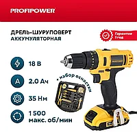 Дрель-шуруповерт ProfiPower DW-18BT (35 Нм, 2 АКБ 2 А/ч, набор оснастки, кейс) T0054