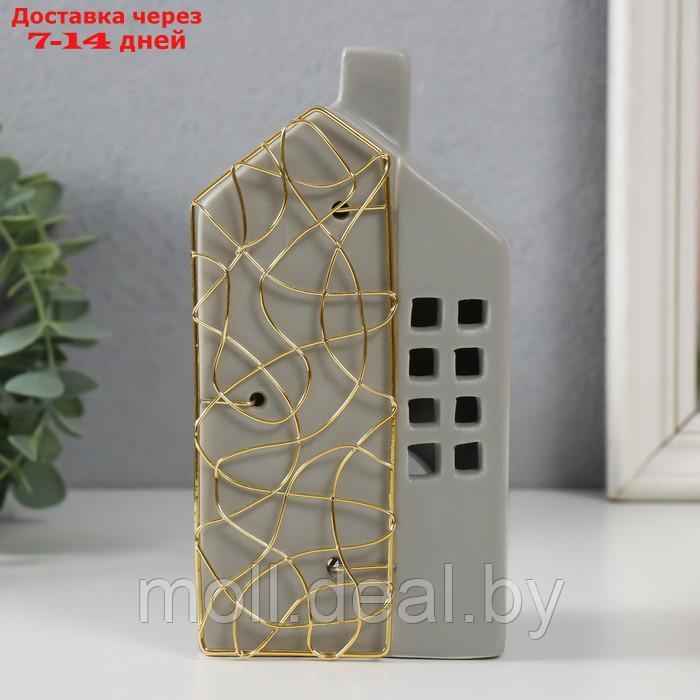 Подсвечник керамика, металл на 1 свечу "Дом" серый с золотом 9х6,3х16,7 см - фото 1 - id-p220739763