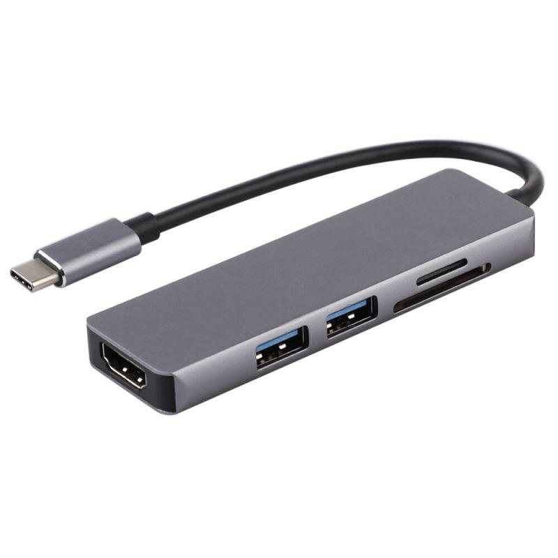 Адаптер - переходник - хаб 5in1 USB3.1 Type-C на HDMI - 2x USB3.0 - картридер TF/SD, серый - фото 1 - id-p220765448