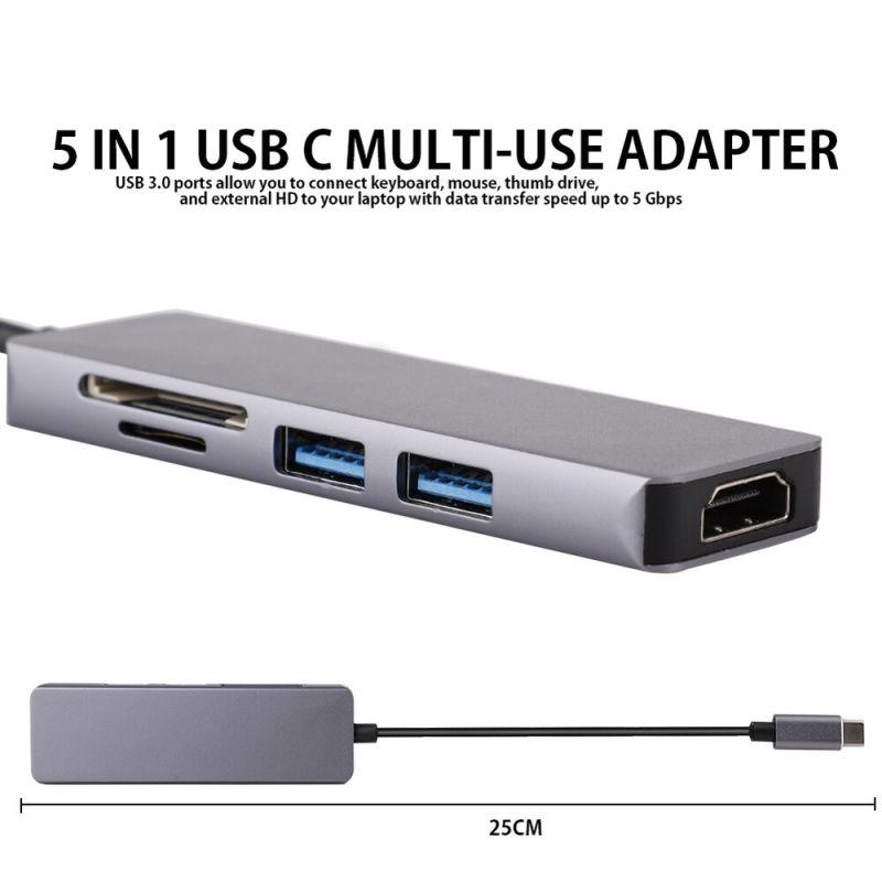 Адаптер - переходник - хаб 5in1 USB3.1 Type-C на HDMI - 2x USB3.0 - картридер TF/SD, серый - фото 5 - id-p220765448