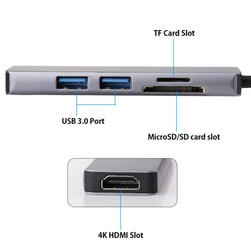 Адаптер - переходник - хаб 5in1 USB3.1 Type-C на HDMI - 2x USB3.0 - картридер TF/SD, серый - фото 4 - id-p220765464