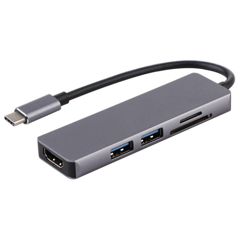 Адаптер - переходник - хаб 5in1 USB3.1 Type-C на HDMI - 2x USB3.0 - картридер TF/SD, серый - фото 1 - id-p220765487