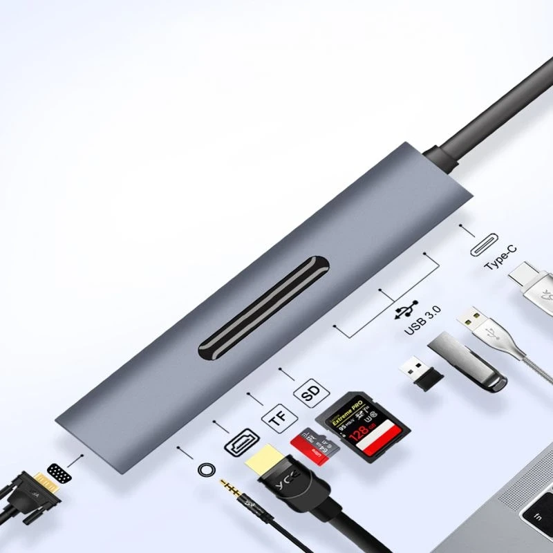 Адаптер - переходник - хаб 9in1 USB3.1 Type-C на HDMI - VGA - 3x USB3.0 - USB3.1 Type-C - jack 3.5mm (AUX) - - фото 2 - id-p220765586