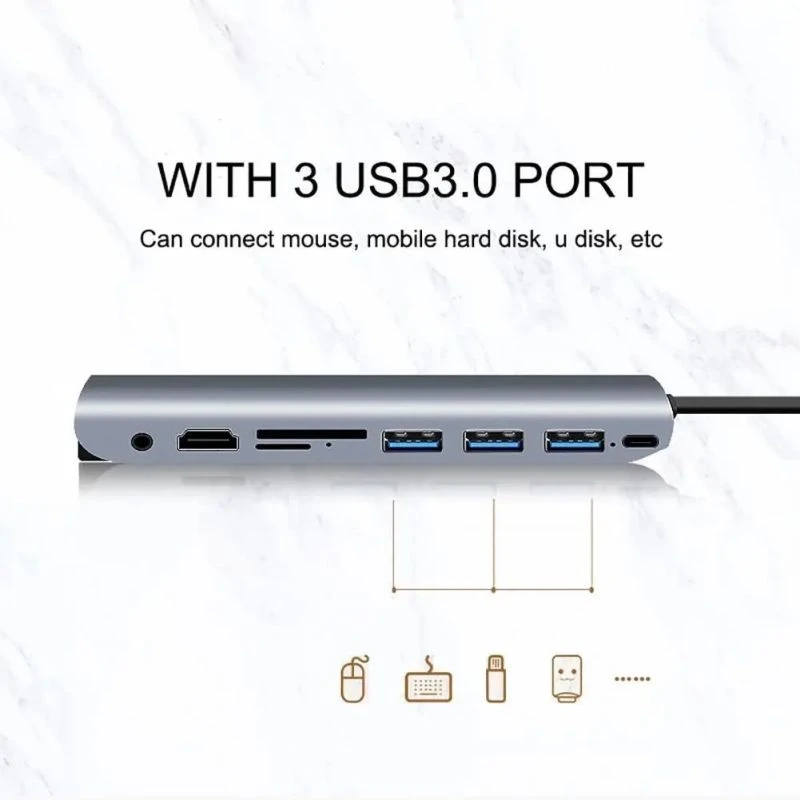 Адаптер - переходник - хаб 9in1 USB3.1 Type-C на HDMI - VGA - 3x USB3.0 - USB3.1 Type-C - jack 3.5mm (AUX) - - фото 3 - id-p220765586