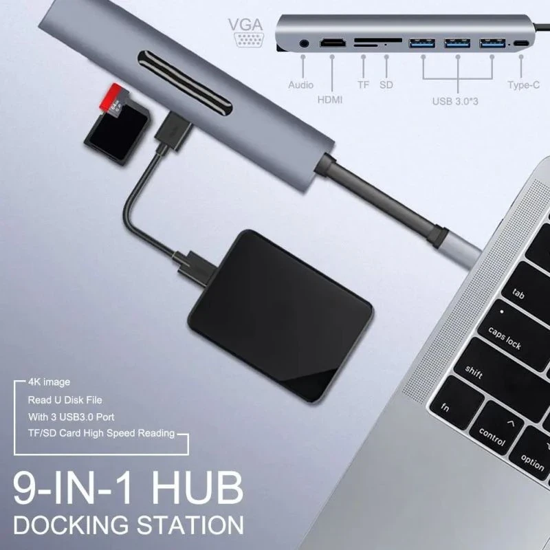 Адаптер - переходник - хаб 9in1 USB3.1 Type-C на HDMI - VGA - 3x USB3.0 - USB3.1 Type-C - jack 3.5mm (AUX) - - фото 4 - id-p220765586