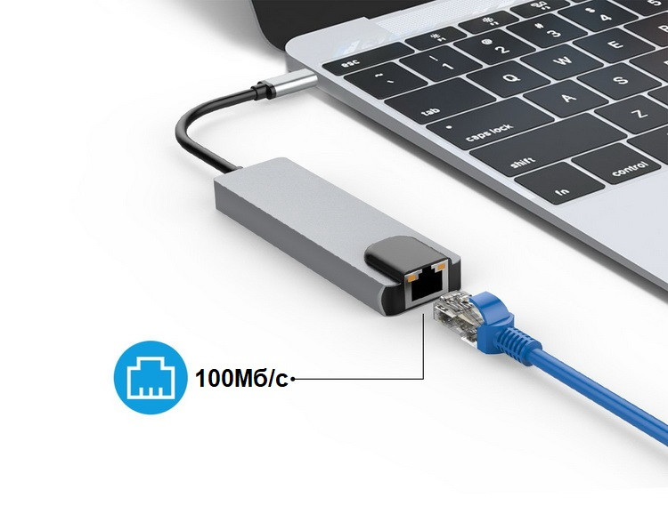 Адаптер - переходник - хаб 5in1 USB3.1 Type-C на HDMI - 2x USB3.0 - USB3.1 Type-C - RJ45 (LAN) до 100 Мбит/с - фото 3 - id-p220767387