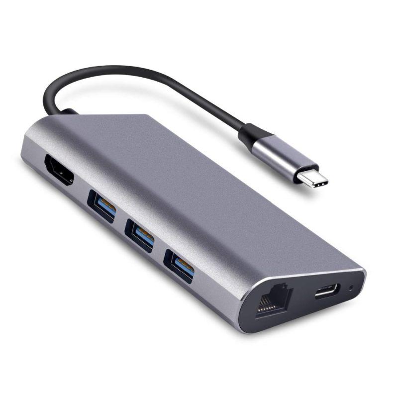 Адаптер - переходник - хаб 8in1 USB3.1 Type-C на HDMI - 3x USB3.0 - RJ45 (LAN) до 1000 Мбит/с - картридер