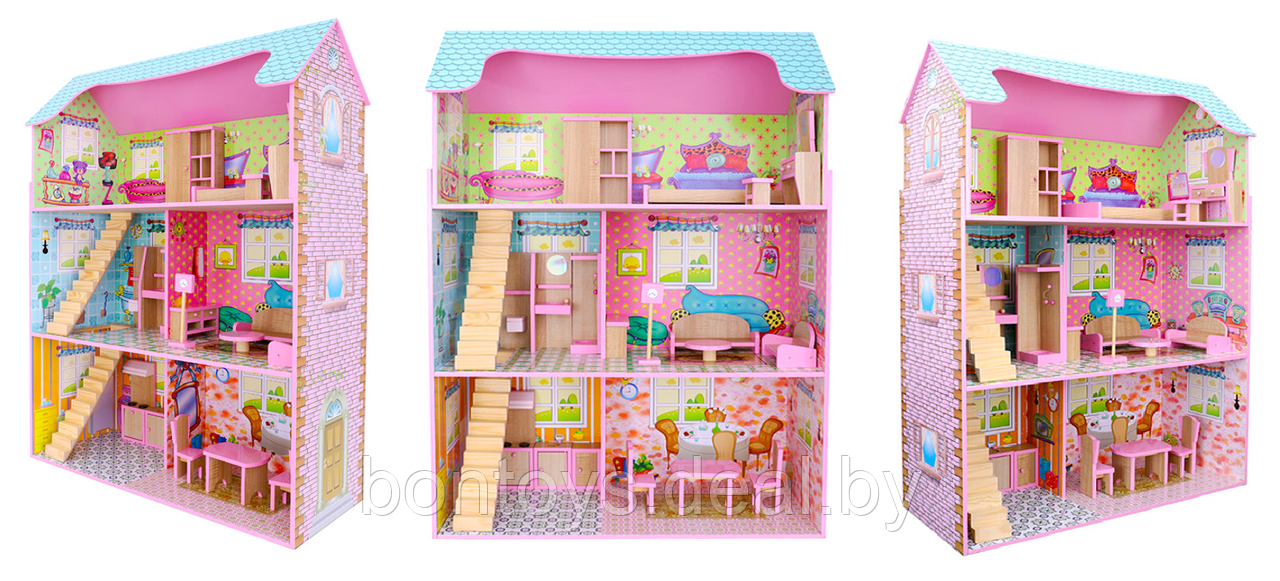 Домик деревянный для кукол с мебелью, 3 этажа, 5 комнат