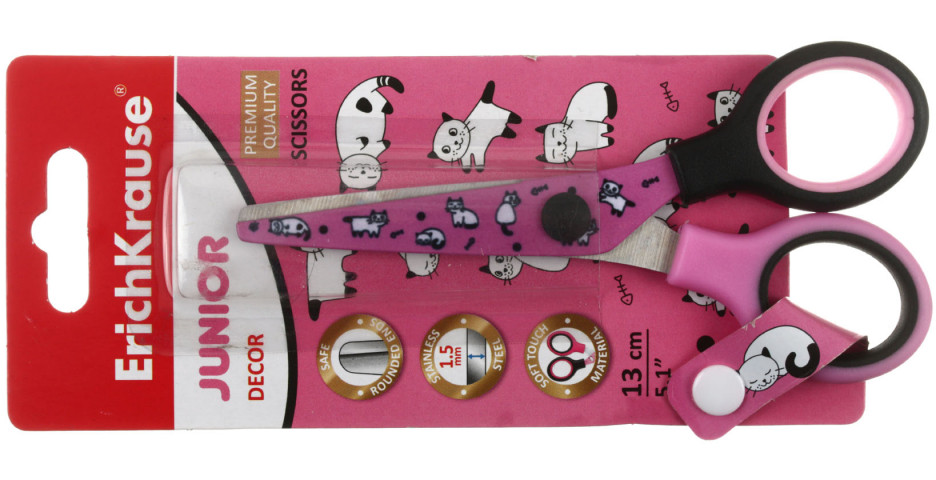 Ножницы канцелярские детские ErichKrause Junior Decor 130 мм, ручки розовые с черным, Cats - фото 1 - id-p220791646