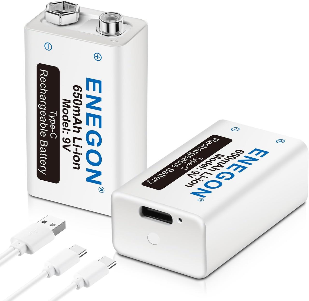 Аккумуляторы крона 650mAh - ENEGON, 9V, Li-Ion, Type-C разъём (2 аккумулятора + USB - 2xType-C кабель)
