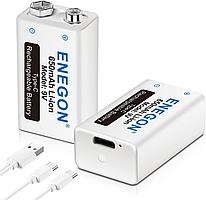 Аккумуляторы крона 650mAh - ENEGON, 9V, Li-Ion, Type-C разъём (2 аккумулятора + USB - 2xType-C кабель)