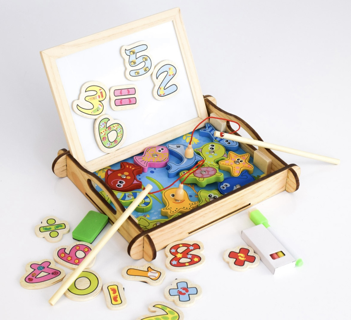 Детская деревянная игрушка рыбалка доска для рисования двусторонняя, чудо-чемоданчик.