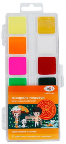 Акварель медовая «Оранжевое солнце» 12 цветов, в пластиковой коробке, без кисти (с флуоресцентыми цветами) - фото 2 - id-p220862939