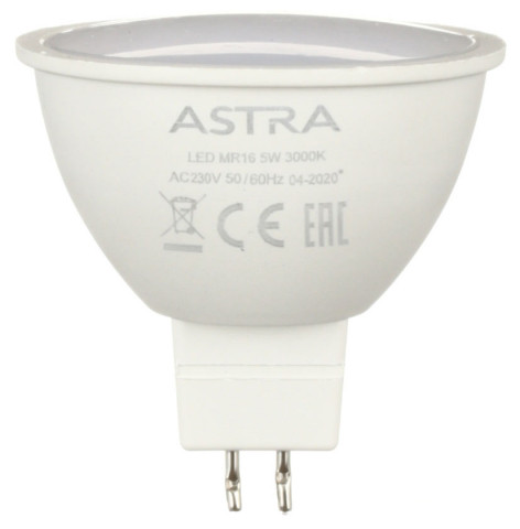 Лампа светодиодная Astra MR16/GU10 5W, 230V, цоколь GU5.3 (MR16), 3000К, 380 лм, теплый свет - фото 1 - id-p220862774