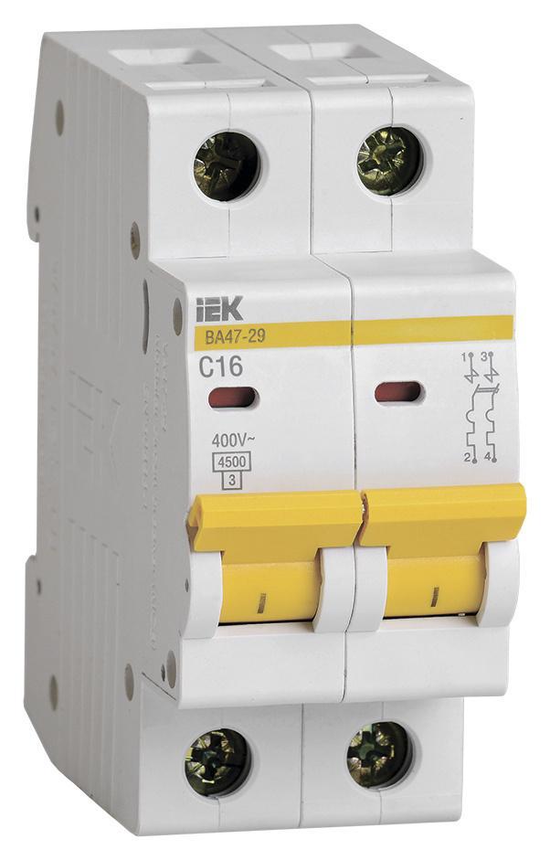 Выключатель автоматический IEK ВА47-29 2Р MVA20-2-016-C 16A тип C 4.5kA 2П 400В 2мод белый (упак.:1шт) - фото 1 - id-p220874478
