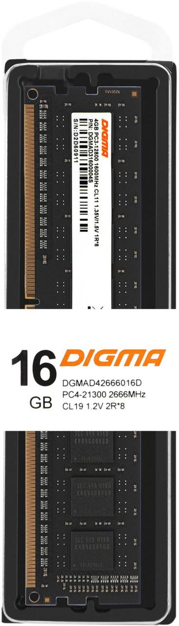Память DDR4 16Gb 2666MHz Digma DGMAD42666016D RTL PC4-21300 CL19 DIMM 288-pin 1.2В dual rank