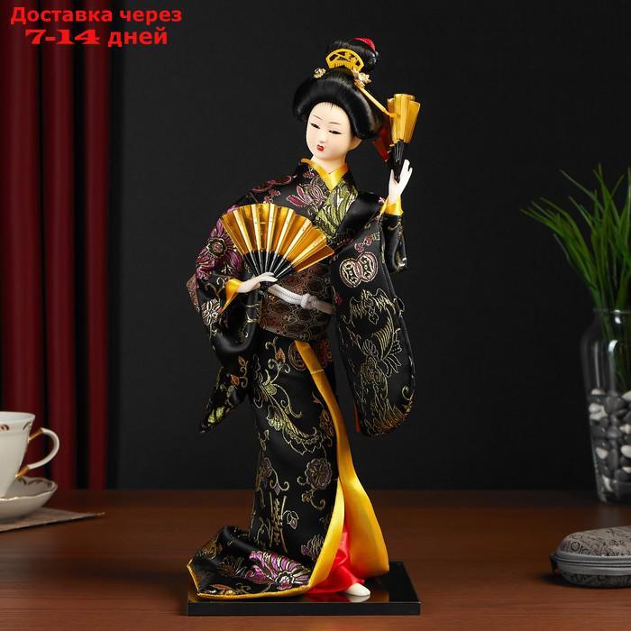 Кукла коллекционная "Гейша в черно-золотом кимоно с веерами" - фото 5 - id-p220798615