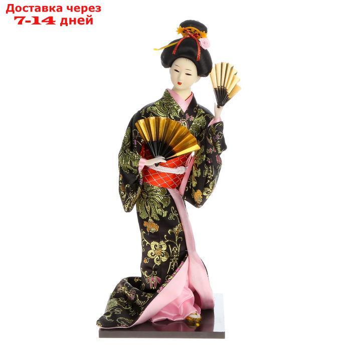 Кукла коллекционная "Гейша в черно-золотом кимоно с веерами" - фото 7 - id-p220798615