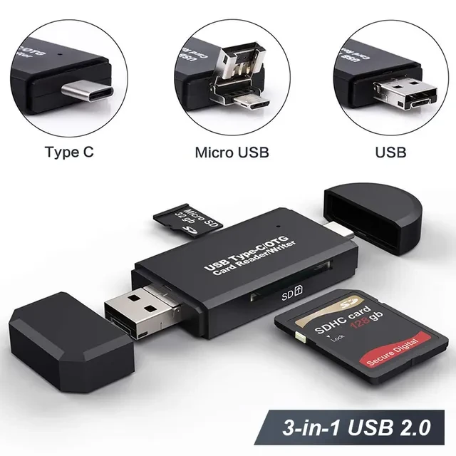 Картридер TF/SD - адаптер для карт памяти - USB Type-C - MicroUSB - USB2.0, черный 556690 - фото 2 - id-p220886779