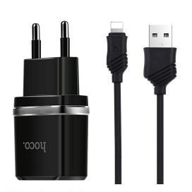 HOCO HC-64107 C12/ Сетевое ЗУ + Кабель Lightning 1m/ 2 USB/ Выход: 12W/ Black - фото 1 - id-p220888647