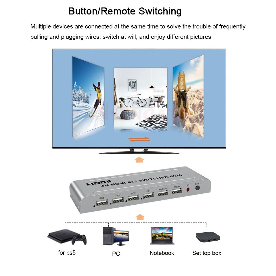 Адаптер - 4-х портовый KVM-переключатель 4K HDMI USB, серебро - фото 6 - id-p220920694