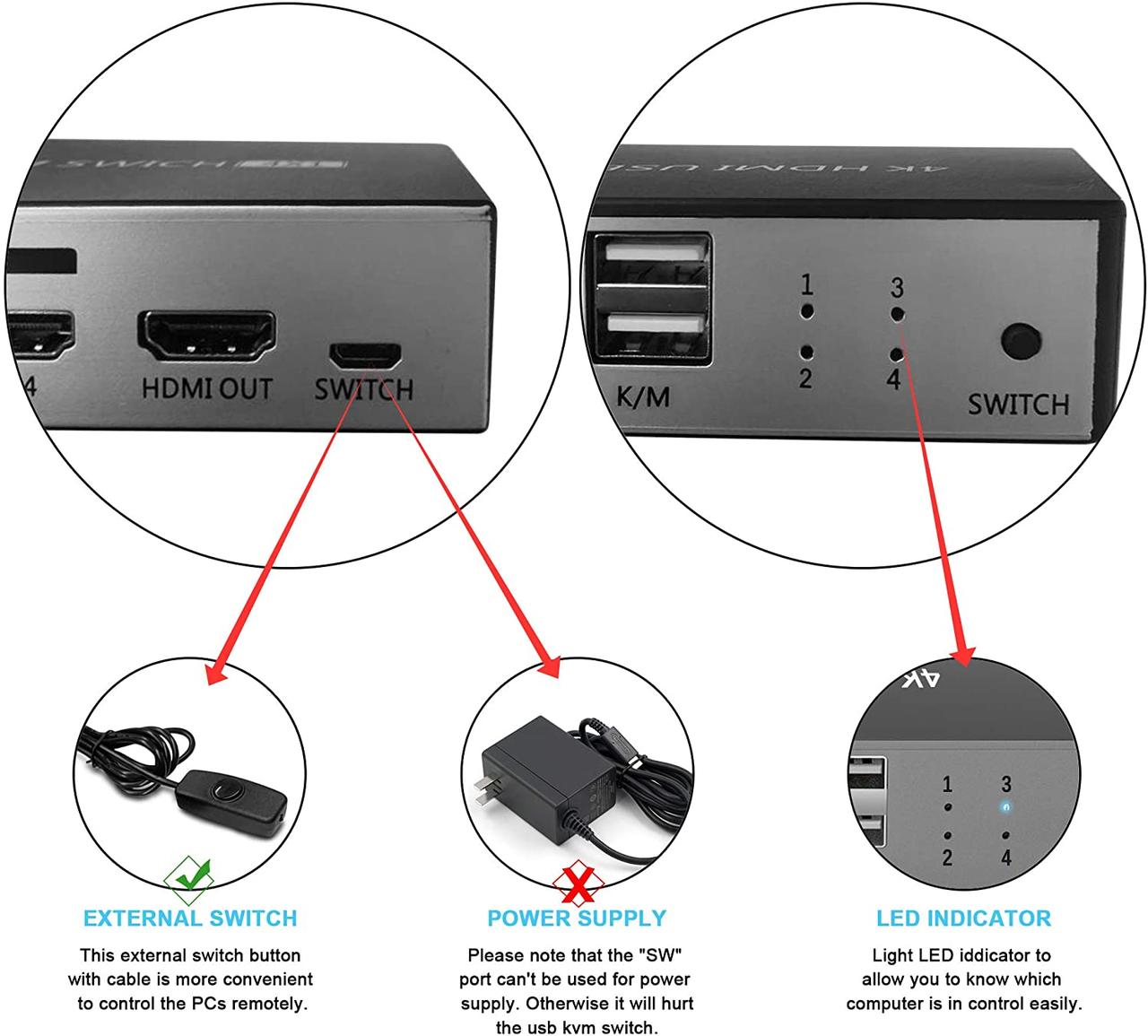 Адаптер - 4-х портовый KVM-переключатель 4K HDMI USB, черный - фото 10 - id-p220920844