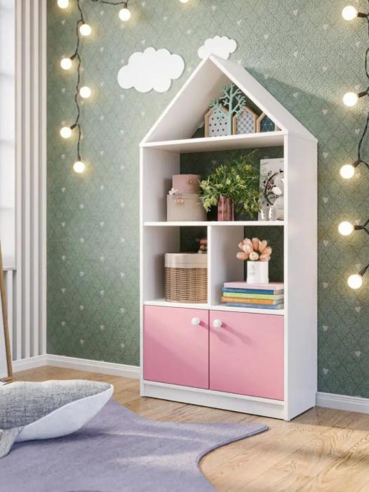 Стеллаж детский для игрушек и книг Домик шкаф в детскую комнату игровой деревянный с дверцами розовый