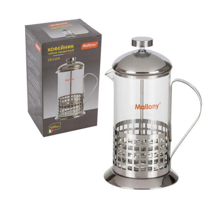 MALLONY Чайник/кофейник (кофе-пресс) CELLULA, 600 мл, из жаропр стекла, в корпусе из нерж стали, B511-600ML