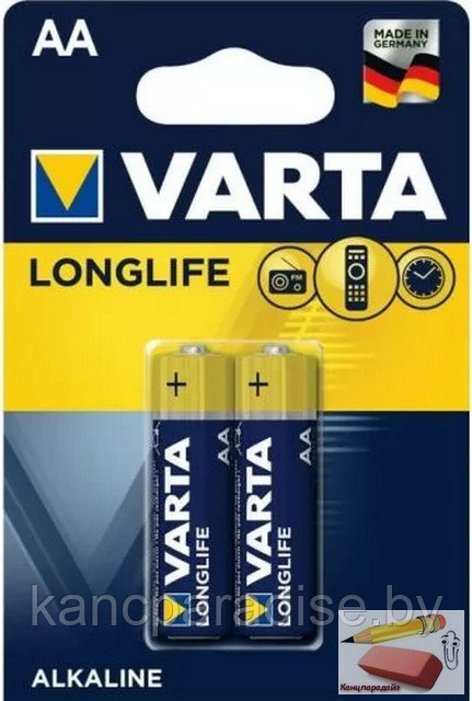 Батарейка VARTA LONGLIFE AA LR6, 2 шт./блистер, цена за 1 штуку, арт.04106113412