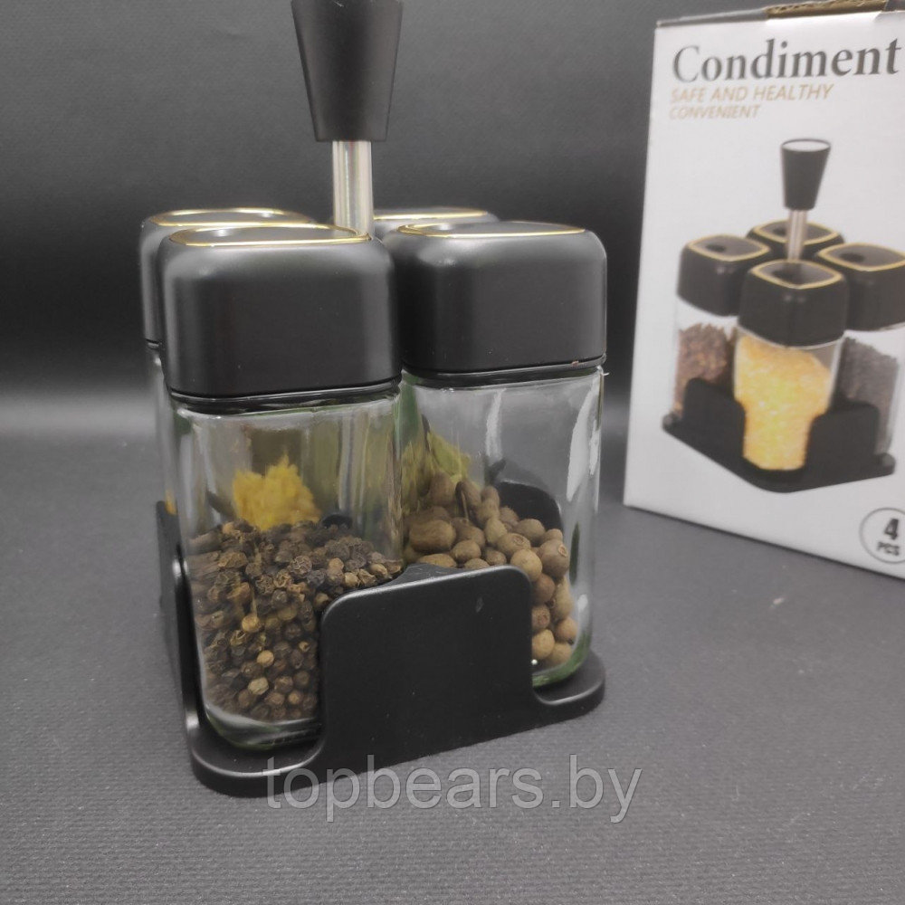 Набор для специй на подставке Condiment Set / Набор из 4 баночек / Стекло и нержавеющая сталь Черный - фото 8 - id-p220925116