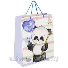 Пакет подарочный Lovely Panda, 26,5x12,7x33 см, глиттер, (белый с голубым), "Золотая сказка"