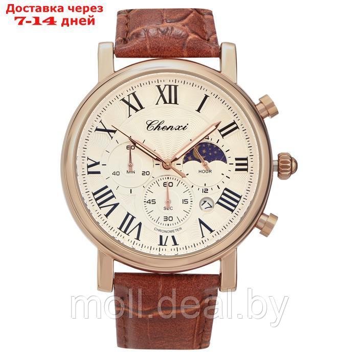 Часы наручные мужские, с календарем, хронографом, d-4.4 см, ремешок l-24 см, коричневый - фото 1 - id-p220926073