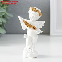 Сувенир полистоун "Белоснежный ангел с золотыми розами в листе" 6х4х11 см