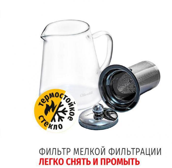 Стеклянный заварочный чайник OLIVETTI GTK105 из жаропрочного стекла с ситом фильтром ситечком для заварки чая - фото 2 - id-p220923716