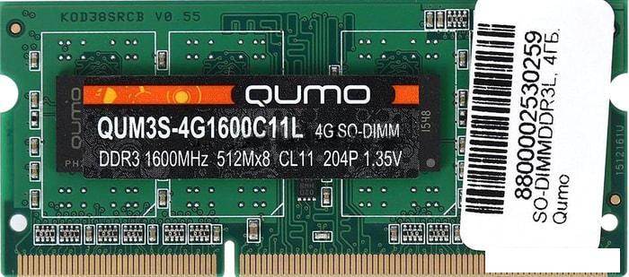 Оперативная память QUMO 4GB DDR3 SODIMM PC3-12800 QUM3S-4G1600C11L - фото 1 - id-p220462953