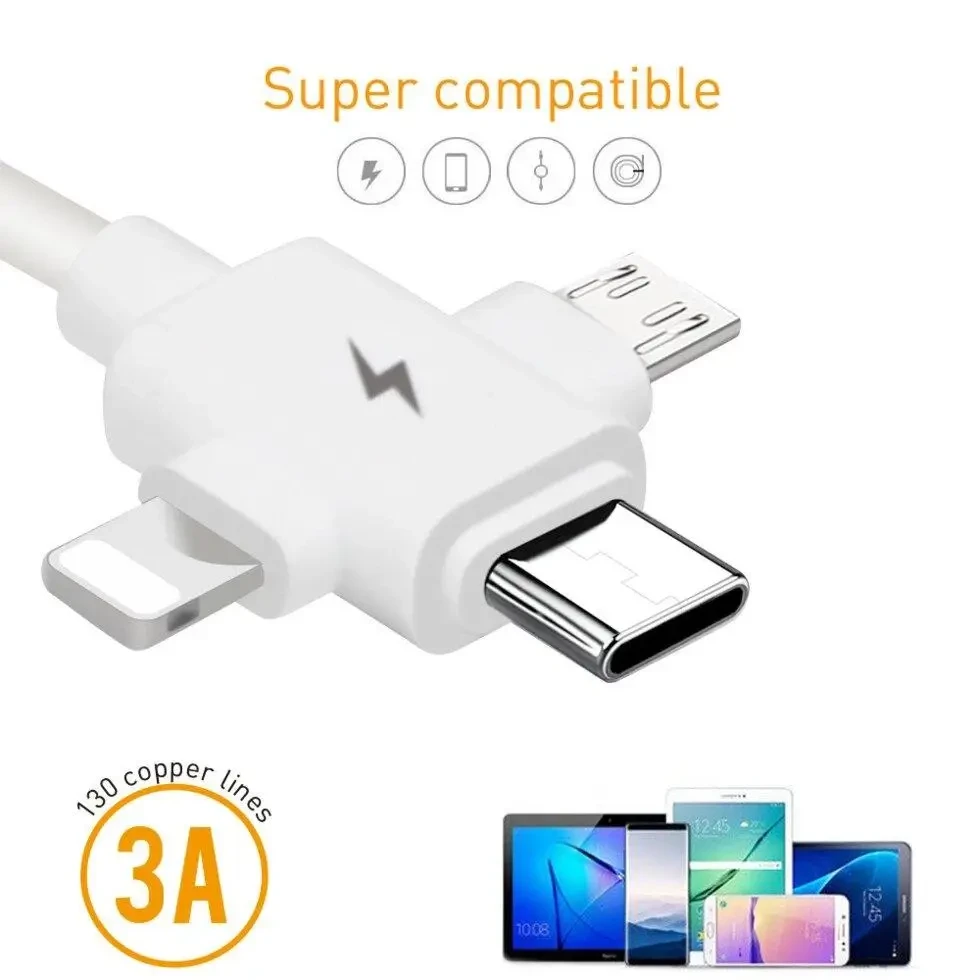 Универсальный зарядный кабель 3-в-1 USB Type-C - Lightning - MicroUSB, 3.1А, 1 метр, белый - фото 2 - id-p220975927