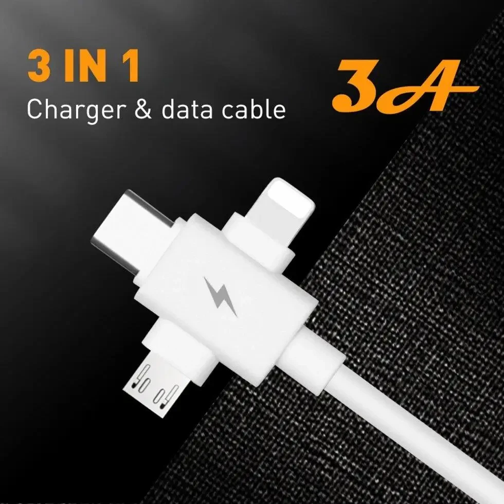 Универсальный зарядный кабель 3-в-1 USB Type-C - Lightning - MicroUSB, 3.1А, 1 метр, белый - фото 5 - id-p220975927