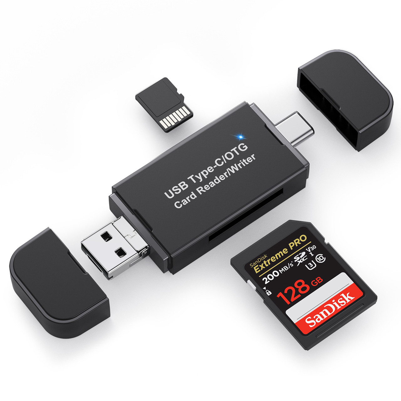 Картридер TF/SD - адаптер для карт памяти - USB Type-C - MicroUSB - USB2.0, черный - фото 1 - id-p220976042