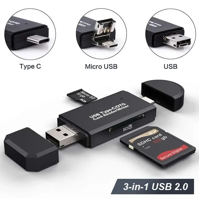 Картридер TF/SD - адаптер для карт памяти - USB Type-C - MicroUSB - USB2.0, черный - фото 2 - id-p220976042