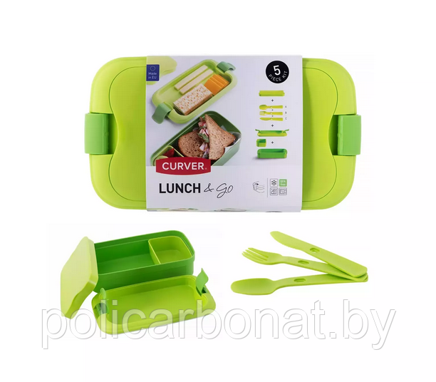 Контейнер пищевой прямоугольный со столовыми приборами 1,4L, Зелёный - фото 1 - id-p220957340