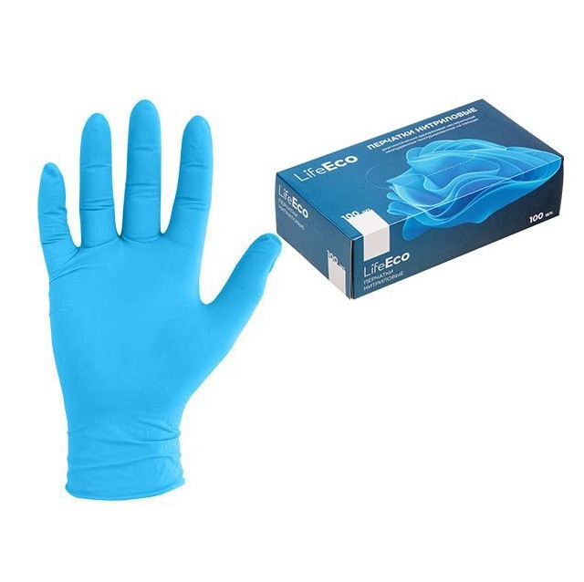 Перчатки нитриловые LifeEco, р-р S, синие, уп.100 шт. (мин. риски) - фото 1 - id-p221028210