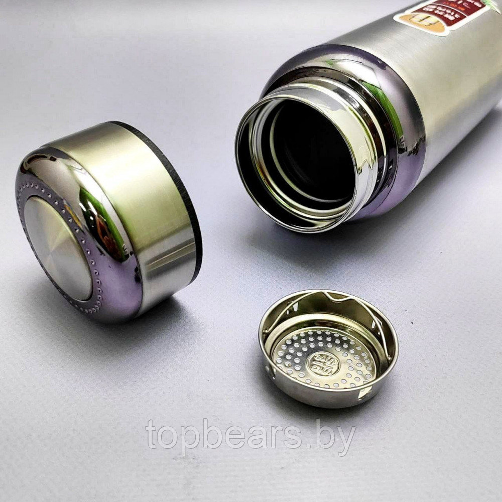 Термос вакуумный 600 мл. Vacuum Cup из нержавеющей стали с ситечком и ремешком Серебро - фото 4 - id-p215450446
