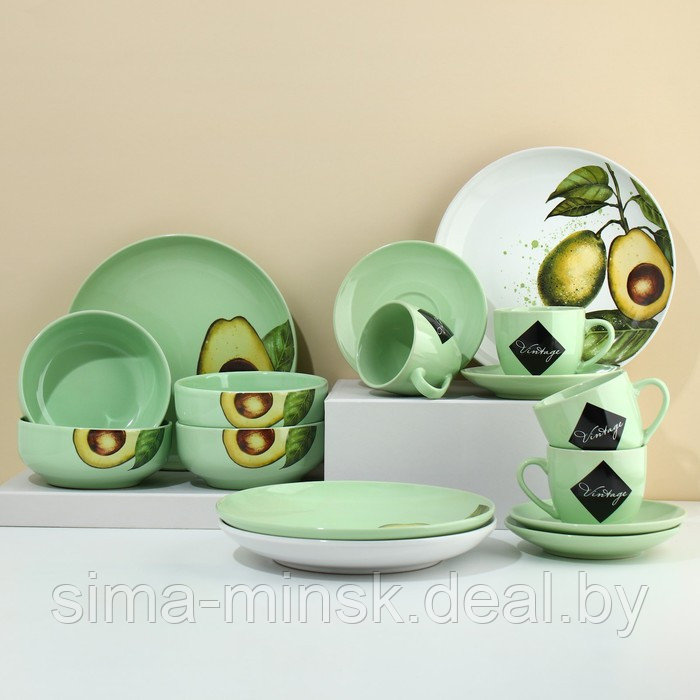 Набор посуды на 4 персоны «Авокадо», 16 предметов: 4 тарелки 23 см, 4 миски 14,5 см, 4 кружки 250 мл, 4 блюдца - фото 2 - id-p221031746