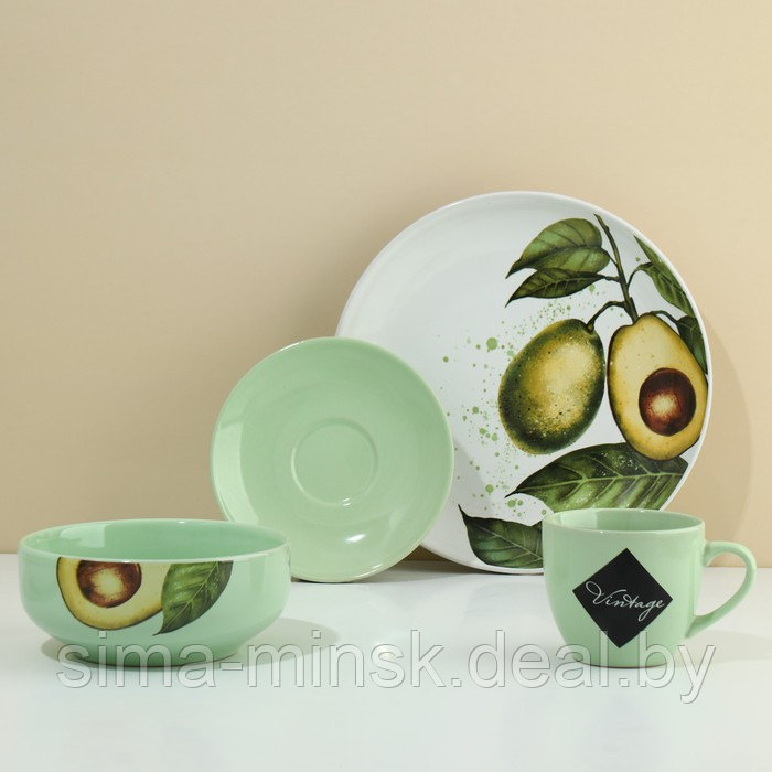 Набор посуды на 4 персоны «Авокадо», 16 предметов: 4 тарелки 23 см, 4 миски 14,5 см, 4 кружки 250 мл, 4 блюдца - фото 3 - id-p221031746