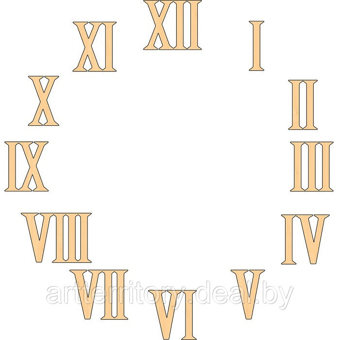 Заготовка деревянная Палитра (836): Набор цифр для часов, римские, 4,4х3,4 см, 12 штук - фото 1 - id-p221102945