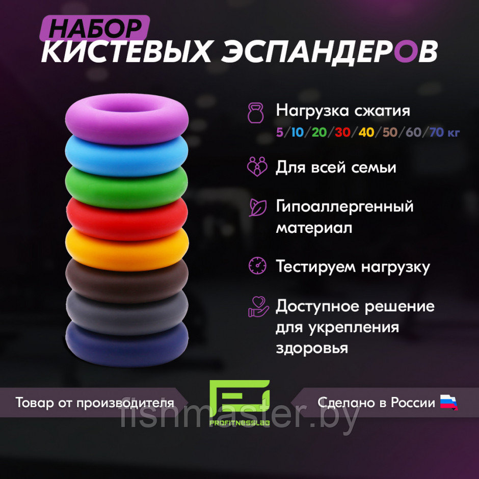 Набор кистевых эспандеров ProFitnessLab 8шт. 05/10/20/30/40/50/60/70кг Фиолетовый/Голубой/Зеленый/Кр